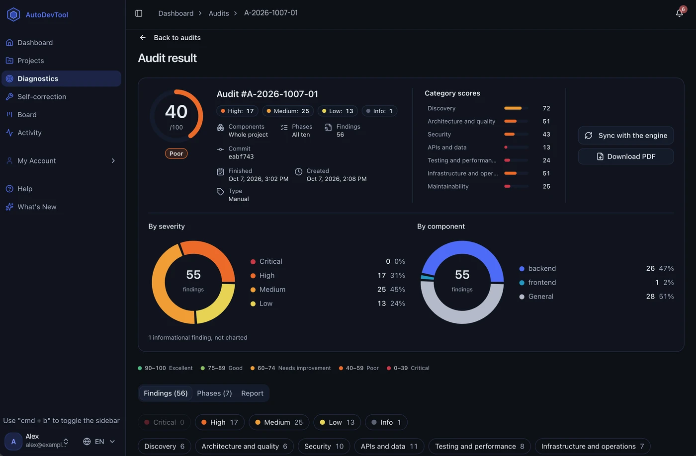 An AutoDevTool audit result: overall score, findings by severity and scores by category.