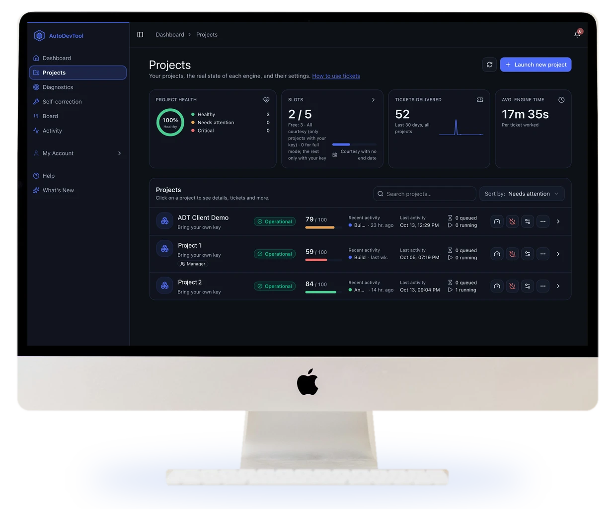 The AutoDevTool portal on an iMac: your projects, their health and the tickets delivered